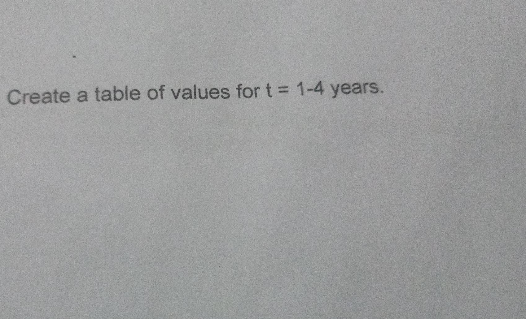 Create a table of values for t=1-4 years.