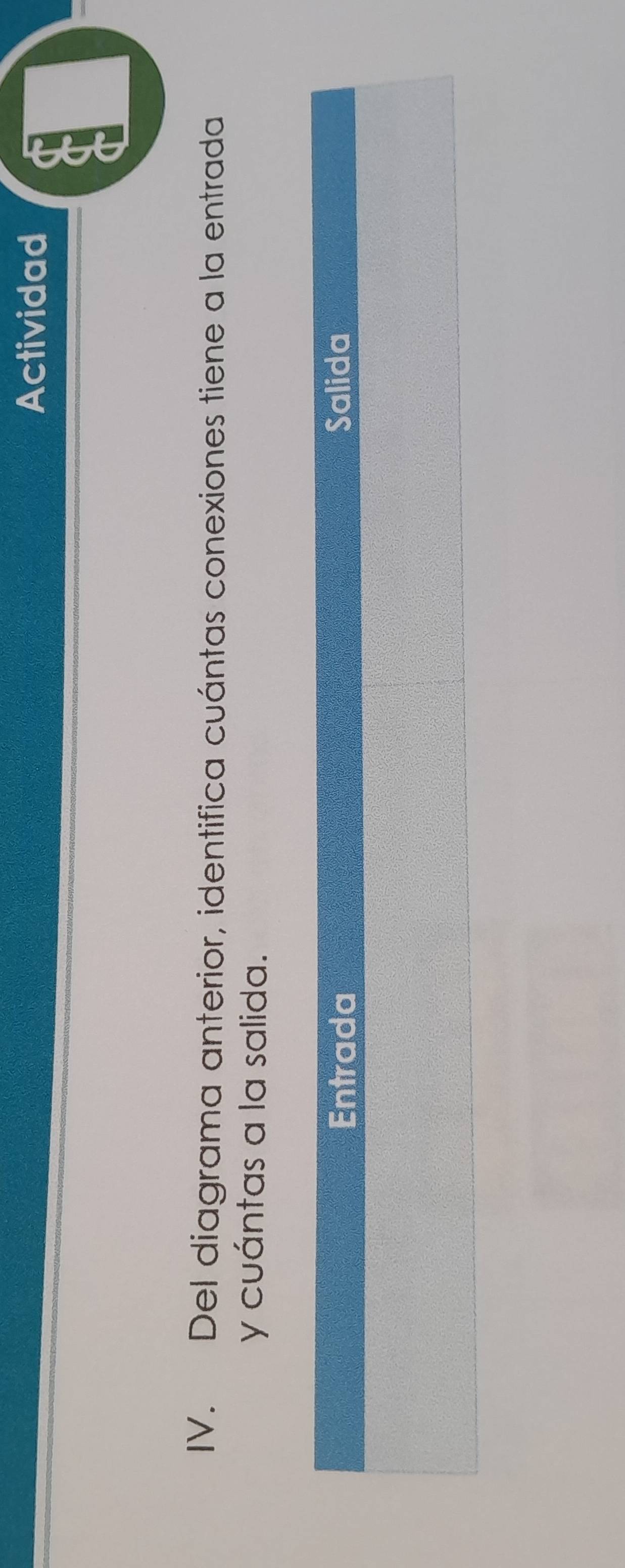 Actividad 
IV. Del diagrama anterior, identifica cuántas conexiones tiene a la entrada 
y cuántas a la salida.