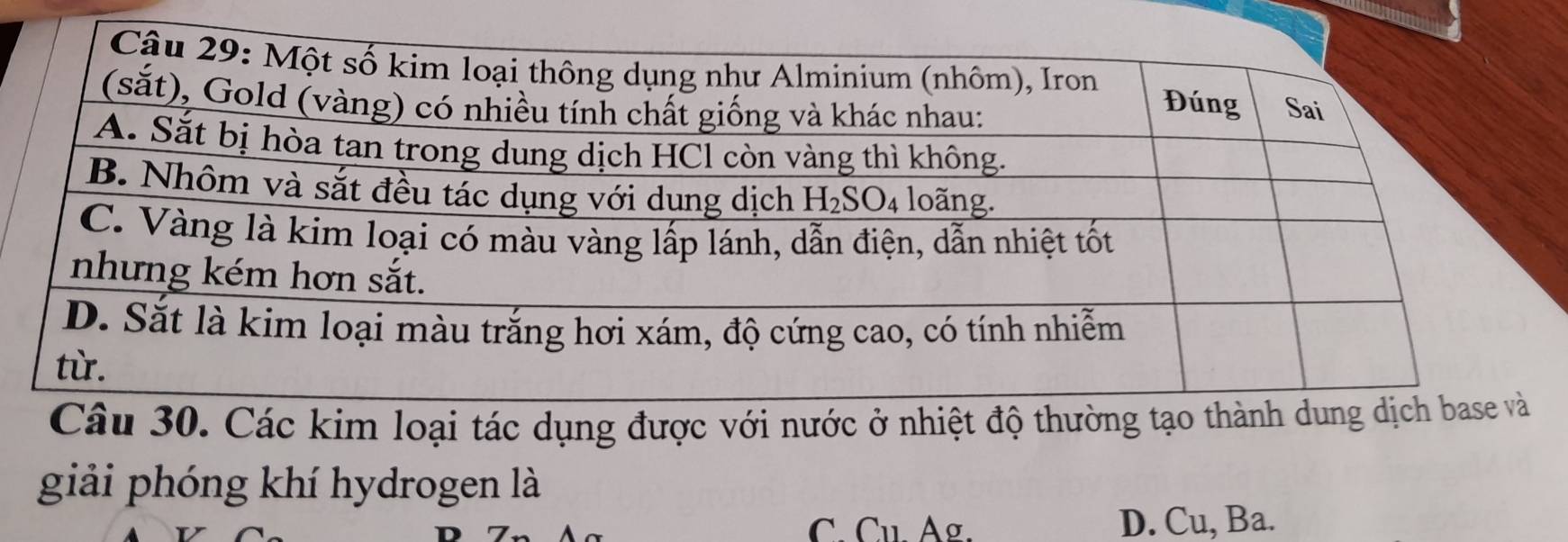 giải phóng khí hydrogen là
C. Cu. Ag. D. Cu, Ba.