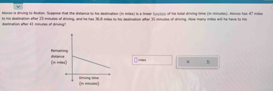 Alonzo is driving to Boston. Suppose that the distance to his destination (in miles) is a linear function of his total driving time (in minutes). Alonzo has 47 miles
to his destination after 23 minutes of driving, and he has 36.8 miles to his destination after 35 minutes of driving. How many miles will he have to his 
destination after 41 minutes of driving? 
Remai 
distanmiles × 
(in mi 5
(in minutes)