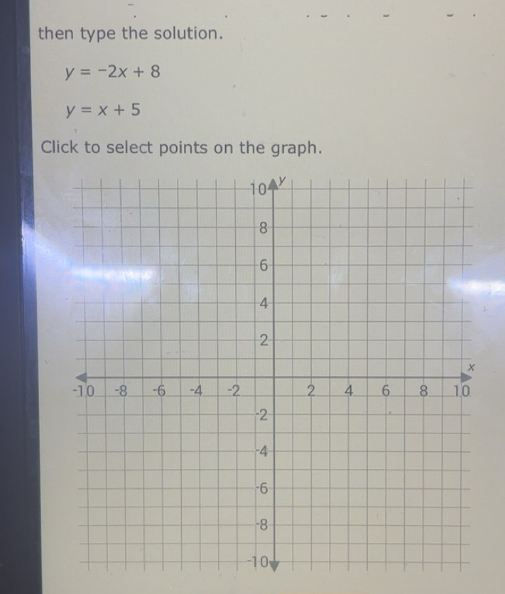 Solved: then type the solution. y=-2x+8 y=x+5 Click to select points on ...