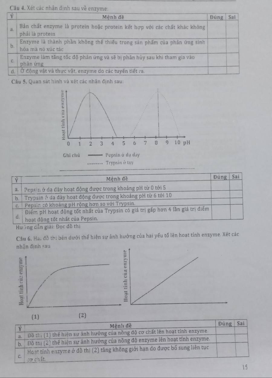 Xét các nhận định 
Câu 5. Quan sát hình và xét các nhận định sau: 
Ghi chú Pepsin ở đạ dây 
Trypsin ở tụy 
Hưởng dẫ 
Cầu 6. Ha. đồ thị bên dưới thể hiện sự ảnh hưởng của hai yếu tố lên hoạt tính enzyme. Xét các 
nhận định sau
15