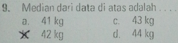 Median dari data di atas adalah . . . .
beginarrayr a.41kg * 42kg endarray
c. 43 kg
d. 44 kg