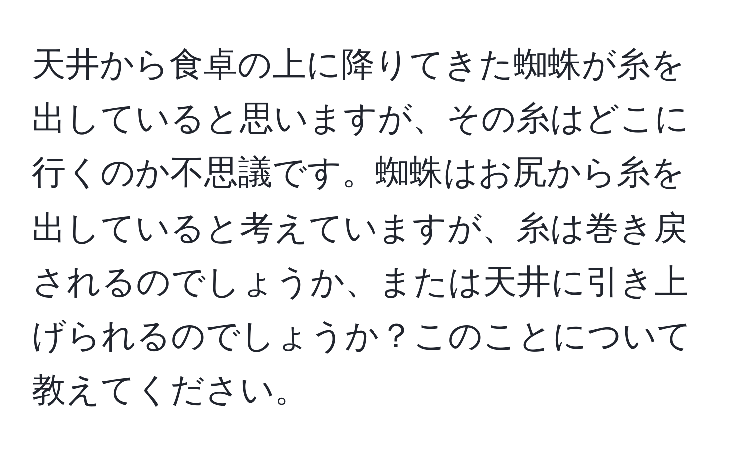 天井から食卓の上に降りてきた蜘蛛が糸を出していると思いますが、その糸はどこに行くのか不思議です。蜘蛛はお尻から糸を出していると考えていますが、糸は巻き戻されるのでしょうか、または天井に引き上げられるのでしょうか？このことについて教えてください。