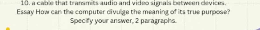 a cable that transmits audio and video signals between devices. 
Essay How can the computer divulge the meaning of its true purpose? 
Specify your answer, 2 paragraphs.