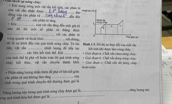 Giải thích sự nóng chây: 
+ Khi nung nóng một vật rắn kết tịnh, các phân t 
của vật rắn nhận được _da 
động của các phân tử _n dân đế 
_, các phân tử tăng. 
+ Khi._ . của vật rắn tăng đến một giá t 
nào đó thì một số phân tử thắng đượ 
_với các phân t 
xung quanh và thoát khỏi _với chúng 
đó là sự khởi đầu của quá trình nóng chảy. Từ lúc Hình 1.5. Đồ thị sự thay đổi của chất rắn 
này, vật rắn _I nhiệt lượng để tiếp tục kết tính khi được làm nóng chây 
_các liên kết tinh thể. Khi _+ Giai đoạn a: Chất rấn chưa nóng chây; 
của tinh thể bị phá vỡ hoàn toàn thì quá trình nóng + Giai đoạn b: Chất rắn đang nóng chây; 
chảy kết thúc, vật rắn chuyển thành khối + Giai đoạn c: Chất rắn đã nóng chây 
_ 
hoàn toàn. 
+ Phần năng lượng nhận thêm để phá vỡ liên kết giữa 
các phân tử mà không làm tăng _của 
chất trong quá trình chuyền thể thường được gọi là 
_ 
Năng lượng này trong quá trình nóng chảy được gọi là_ năng lượng này 
Tong quá trình hóa hơi được gọi là 
_ 
2