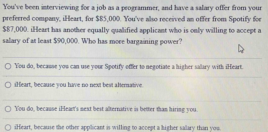 You've been interviewing for a job as a programmer, and have a salary offer from your
preferred company, iHeart, for $85,000. You've also received an offer from Spotify for
$87,000. iHeart has another equally qualified applicant who is only willing to accept a
salary of at least $90,000. Who has more bargaining power?
You do, because you can use your Spotify offer to negotiate a higher salary with iHeart.
iHeart, because you have no next best alternative.
You do, because iHeart's next best alternative is better than hiring you.
iHeart, because the other applicant is willing to accept a higher salary than you.