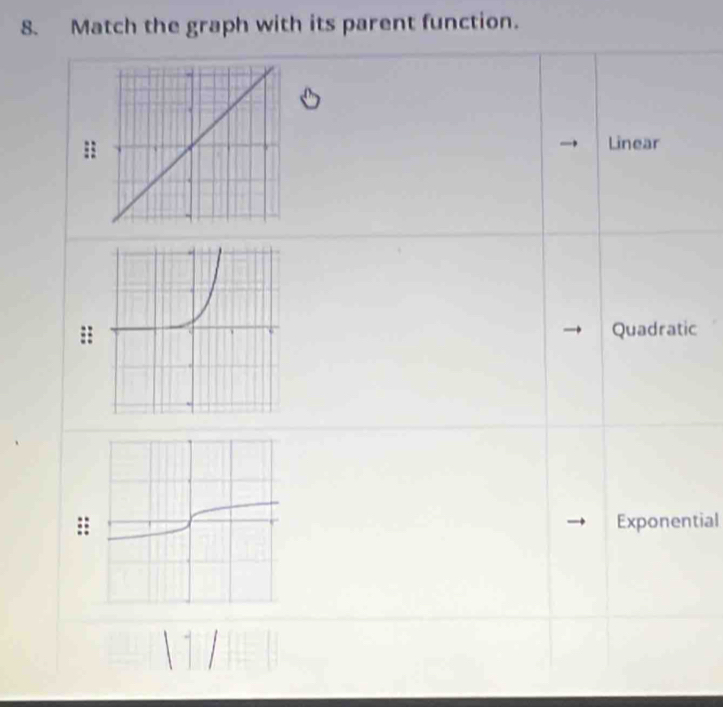 Match the graph with its parent function.
:
Linear
:: Quadratic
: Exponential