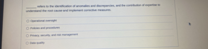 refers to the identification of anomalies and discrepancies, and the contribution of expertise to
understand the root cause and implement corrective measures.
Operational oversight
Policies and procedures
Privacy, security, and risk management
Data quality