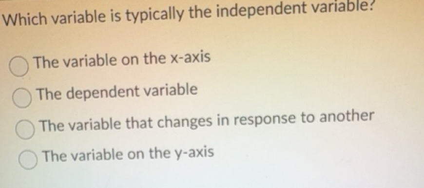Solved: Which variable is typically the independent variable: The ...