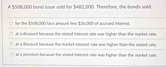 A $508,000 bond issue sold for $482,000. Therefore, the bonds sold:
for the $508,000 face amount less $26,000 of accrued interest.
at a discount because the stated interest rate was higher than the market rate.
at a discount because the market interest rate was higher than the stated rate.
at a premium because the stated interest rate was higher than the market rate.