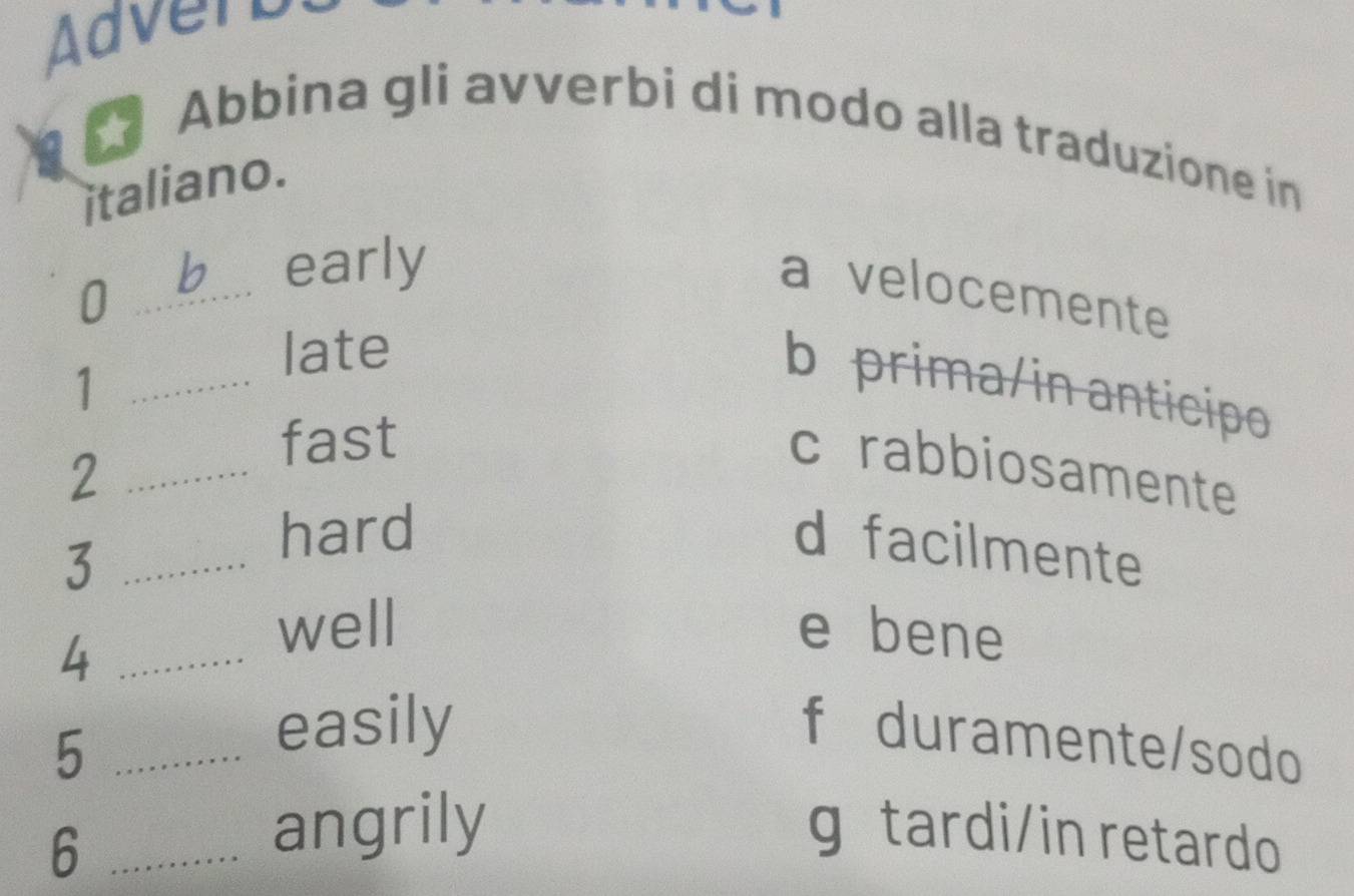 Adverb
Abbina gli avverbi di modo alla traduzione in
italiano.
_0
early
a velocemente
late
_1
b prima/in anticipo
fast
_2
c rabbiosamente
_3
hard
d facilmente
_4
well e bene
_5
easily
f duramente/sodo
_6
angrily
g tardi/in retardo