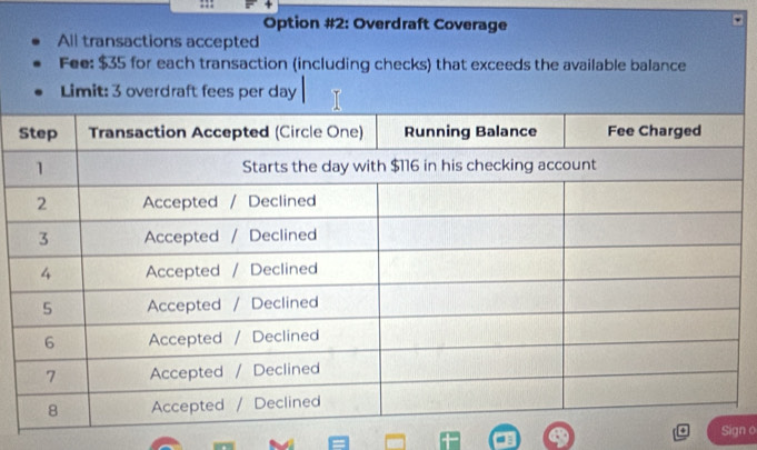 Option #2: Overdraft Coverage 
All transactions accepted 
Fee: $35 for each transaction (including checks) that exceeds the available balance 
Limit: 3 overdraft fees per day
Sign o