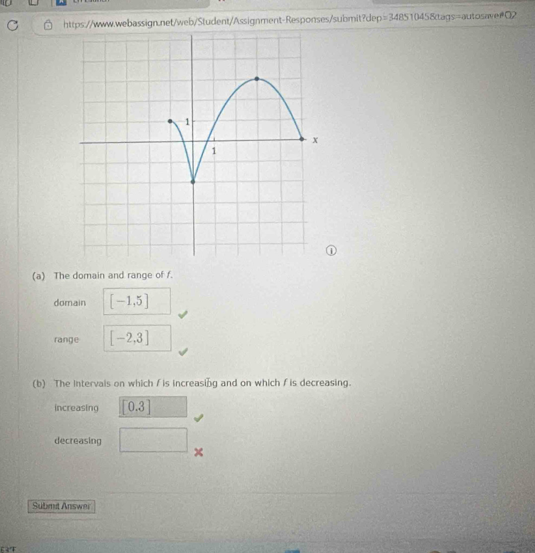 =3485 1045&tags=autosave#O2
0
(a) The domain and range of f.
domain [-1,5]
range [-2,3]
(b) The intervals on which fis increasing and on which fis decreasing.
increasing [0.3]
decreasing
x
Sübmit Answer