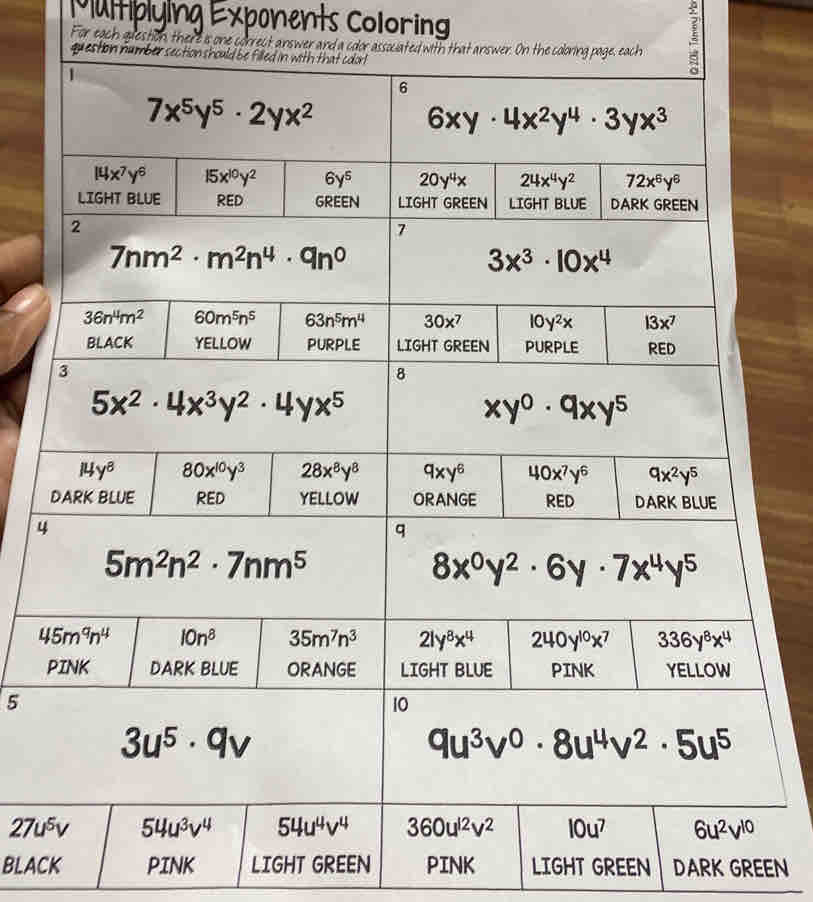 Multiplying Exponents Coloring
For each qestion, there is one correct answer and a cdor associated with that answer. On the coloring page, each 
question number section should be filled in with that coorl
1
6
7x^5y^5· 2yx^2
6xy· 4x^2y^4· 3yx^3
14x^7y^6 15x^(10)y^2 6y^5 20y^4x 24x^4y^2 72x^6y^6
LIGHT BLUE RED GREEN LIGHT GREEN LIGHT BLUE DARK GREEN
2
7
7nm^2· m^2n^4· 9n^0
3x^3· 10x^4
36n^4m^2 60m^5n^5 63n^5m^4 30x^7 10y^2x 13x^7
BLACK YELLOW PURPLE LIGHT GREEN PURPLE RED
3
8
5x^2· 4x^3y^2· 4yx^5
xy^0· 9xy^5
14y^8 80x^(10)y^3 28x^8y^8 9xy^6 40x^7y^6 9x^2y^5
DARK BLUE RED YELLOW ORANGE RED DARK BLUE
4
q
5m^2n^2· 7nm^5
8x^0y^2· 6y· 7x^4y^5
45m^9n^4 10n^8 35m^7n^3 2ly^8x^4 240y^(10)x^7 336y^8x^4
PINK DARK BLUE ORANGE LIGHT BLUE PINK YELLOW
5
10
3u^5· 9v
9u^3v^0· 8u^4v^2· 5u^5
27u^5v 54u^3v^4 54u^4v^4 360u^(12)v^2 10u^7 6u^2v^(10)
BLACK PINK LIGHT GREEN PINK LIGHT GREEN DARK GREEN