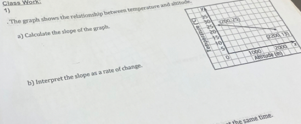 Class Work:
1)
. The graph shows the relationship between temperature and altitude.
a) Calculate the slope of the graph. 
b) Interpret the slope as a rate of change.
t the same time.