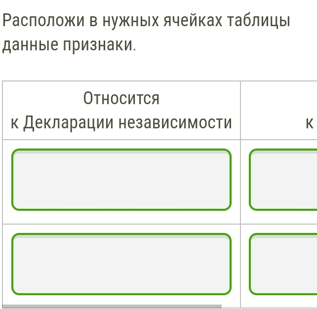 Ρасположи в нужных ячейках τаблицы 
данные признаки. 
кK