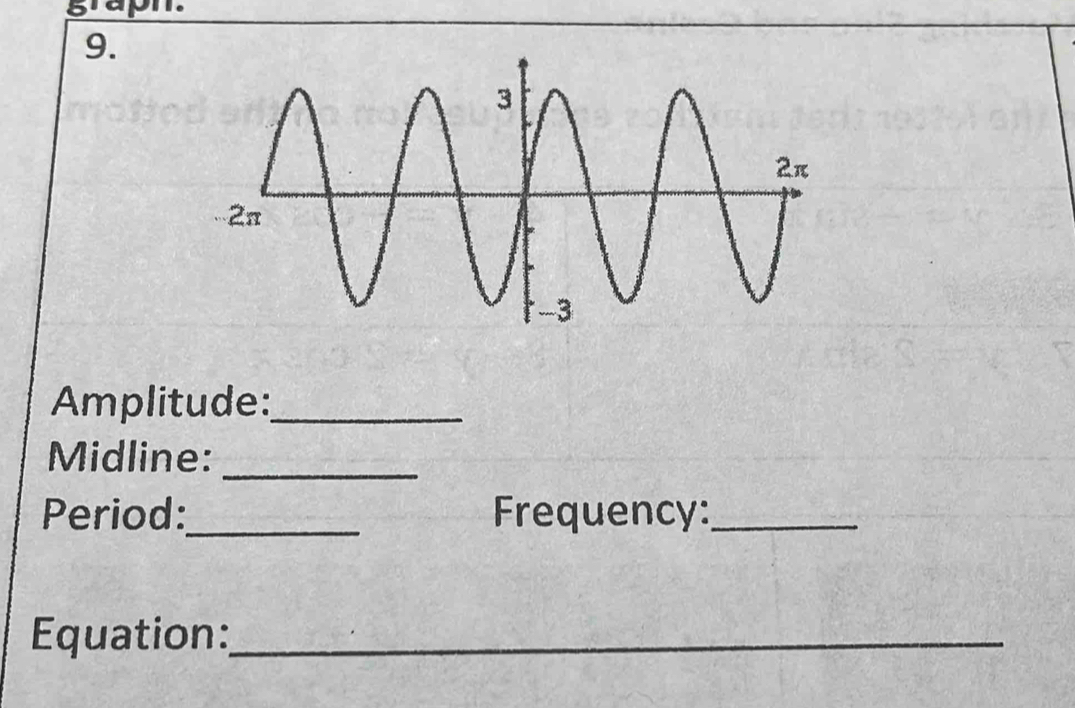 Amplitude:_ 
Midline:_ 
Period:_ Frequency:_ 
Equation:_