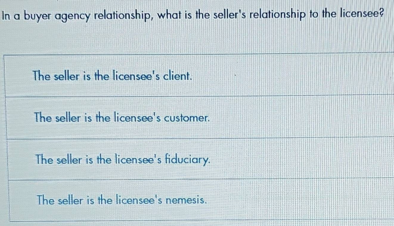 Solved: In a buyer agency relationship, what is the seller's ...