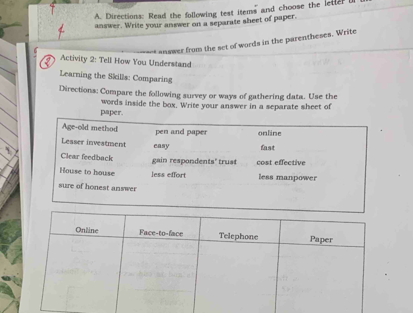 Directions: Read the following test items and choose the letter 
answer. Write your answer on a separate sheet of paper. 
answer from the set of words in the parentheses. Write 
Activity 2: Tell How You Understand 
Learning the Skills: Comparing 
Directions: Compare the following survey or ways of gathering data. Use the 
words inside the box. Write your answer in a separate sheet of 
paper.