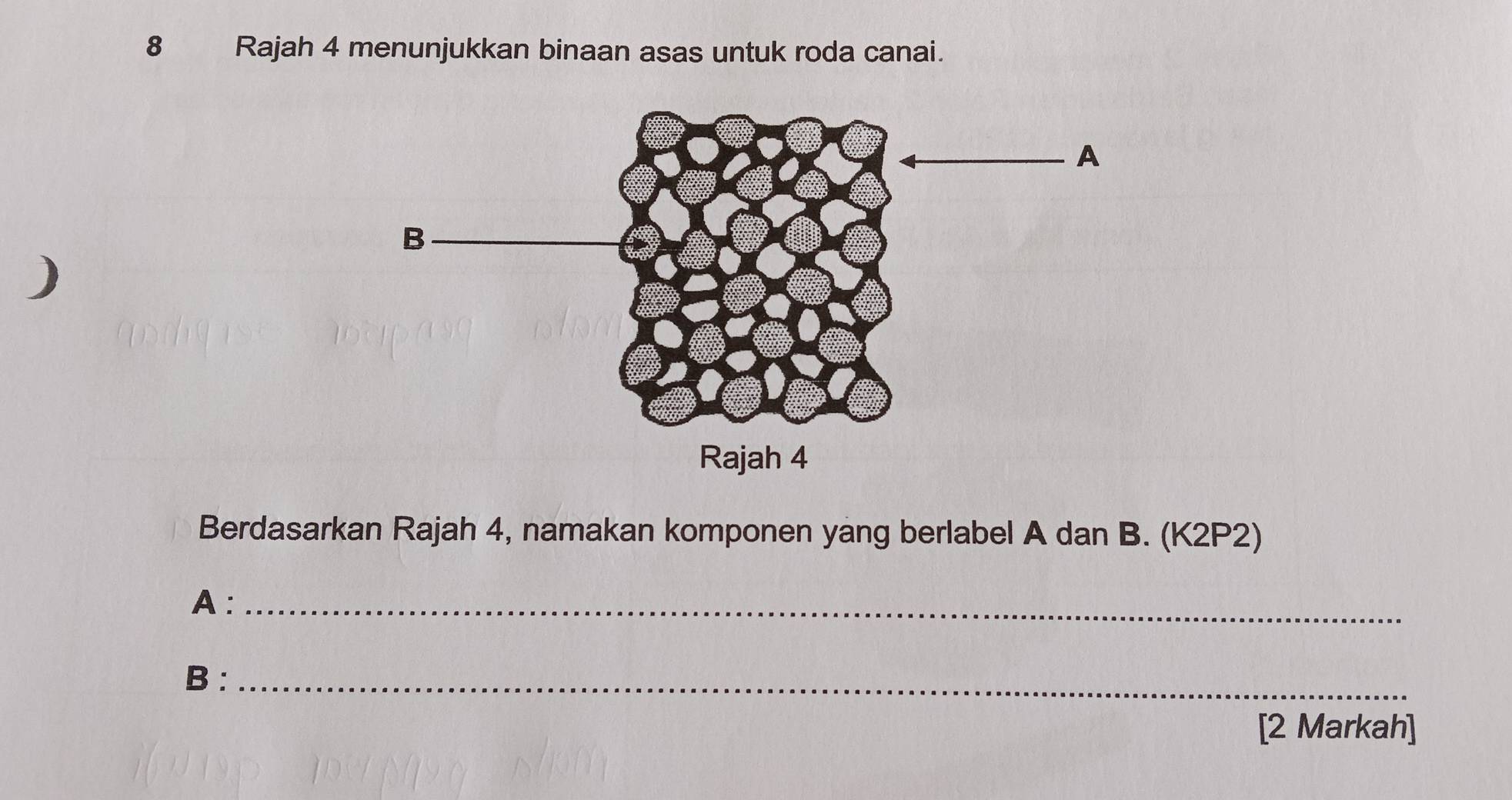 Rajah 4 menunjukkan binaan asas untuk roda canai. 
) 
Berdasarkan Rajah 4, namakan komponen yang berlabel A dan B. (K2P2) 
A :_ 
B:_ 
[2 Markah]