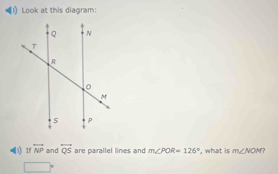 Look at this diagram: 
If overleftrightarrow NP and overleftrightarrow QS are parallel lines and m∠ POR=126° , what is m∠ NOM ?
□°