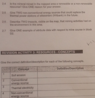 2.4 Is the mineral mined in the mapped area a renewable or a non-renewable 
resource? Give ONE reason for your answer. 
2.5 Give TWO non-conventional energy sources that could replace the 
thermal power stations of eMallahleni (Witbønk) in the future. 
2.6. Describe TWO impacts, visible on the map, that mining activities had on 
the environment in this area 
2.7 Give ONE example of attribute data with respect to mine course in block 
D2. 
REVISION ACTIVITY 3: RESOURCES - CONCEPTS 
Give the correct definition/description for each of the following concepts. 
energy source