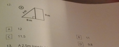 A 12
C 11.5
B 11
D
13. A 2.5m long 9.8