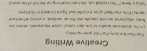 Creative Writing 
Continue the story from the given opening. 
In the shadowed depths of the dark forest called blackwood, where the 
trees whispered ancient secrets and the air cackled, a young adventurer 
named Finn stumbled upon a mysterious figure cloaked in shadows. 
"Who's there?" Finn called out, his hand reaching for the hilt of his sword.