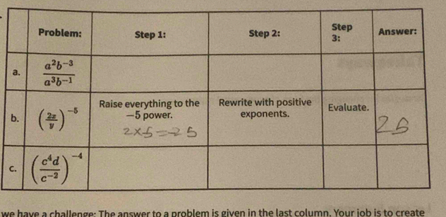 we have a challenge: The answer to a problem is given in the last column. Your iob is to create