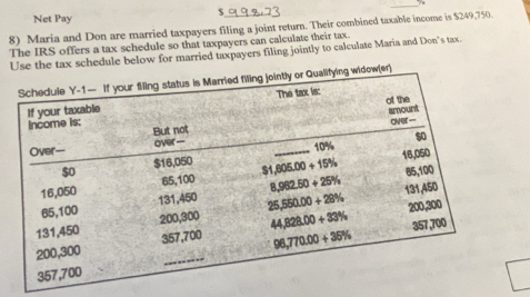 Net Pay
8) Maria and Don are married taxpayers filing a joint return. Their combined taxable income is $249,750.
The IRS offers a tax schedule so that taxpayers can calculate their tax.
Use the tax schedule below for married taxpayers filing jointly to calculate Maria and Don's tax.