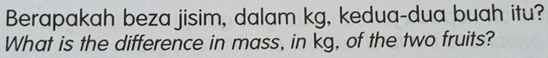 Berapakah beza jisim, dalam kg, kedua-dua buah itu? 
What is the difference in mass, in kg, of the two fruits?