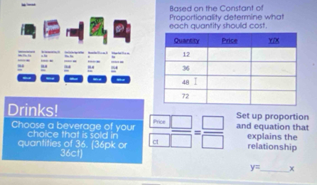 Based on the Constant of 
Proportionality determine what 
each quantity should cost. 
.' - 
Drinks! Set up proportion 
Choose a beverage of your Price  □ /□  = □ /□   and equation that 
choice that is sold in explains the 
quantities of 36. (36pk or ct relationship 
36ct)
y= _ x