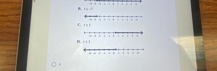 -10 -8 -6 -4 =2 。 2 8 10
B. t≤ -7
C. t≥ 1
D. t≤ 1
A