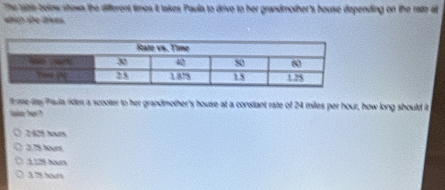 The latie belew shows the different times it takes Paula to drive to her grandmother's house depending on the rate a
which she drives.
frome day Paula rides a scooter to her grandmother's house at a constant rate of 24 miles per hour, how long should it
tak her?
2 625 hours
2.75 hours
3,125 hours
3.75 hours