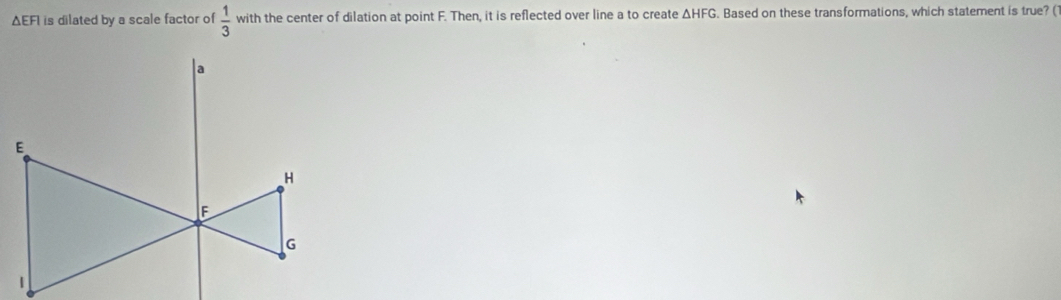 ΔEFI is dilated by a scale factor of  1/3  with the center of dilation at point F. Then, it is reflected over line a to create △ HFG. Based on these transformations, which statement is true? (