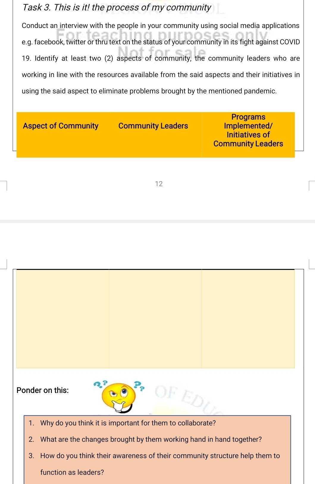 Task 3. This is it! the process of my community 
Conduct an interview with the people in your community using social media applications 
e.g. facebook, twitter or thru text on the status of your community in its fight against COVID 
19. Identify at least two (2) aspects of community, the community leaders who are 
working in line with the resources available from the said aspects and their initiatives in 
using the said aspect to eliminate problems brought by the mentioned pandemic. 
Programs 
Aspect of Community Community Leaders Implemented/ 
Initiatives of 
Community Leaders 
12 
Ponder on this: 
1. Why do you think it is important for them to collaborate? 
2. What are the changes brought by them working hand in hand together? 
3. How do you think their awareness of their community structure help them to 
function as leaders?