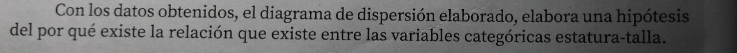 Con los datos obtenidos, el diagrama de dispersión elaborado, elabora una hipótesis 
del por qué existe la relación que existe entre las variables categóricas estatura-talla.