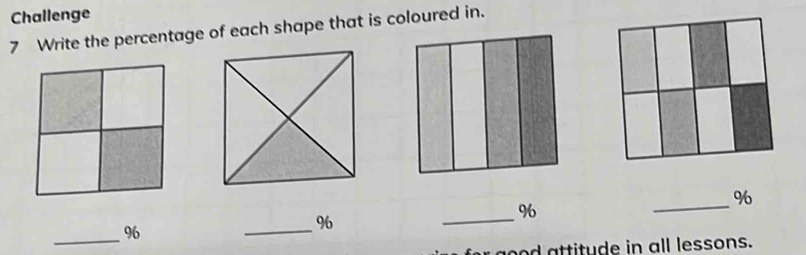 Challenge 
7 Write the percentage of each shape that is coloured in. 
_
%
_
%
_
96
_
96
d attitude in all lessons.