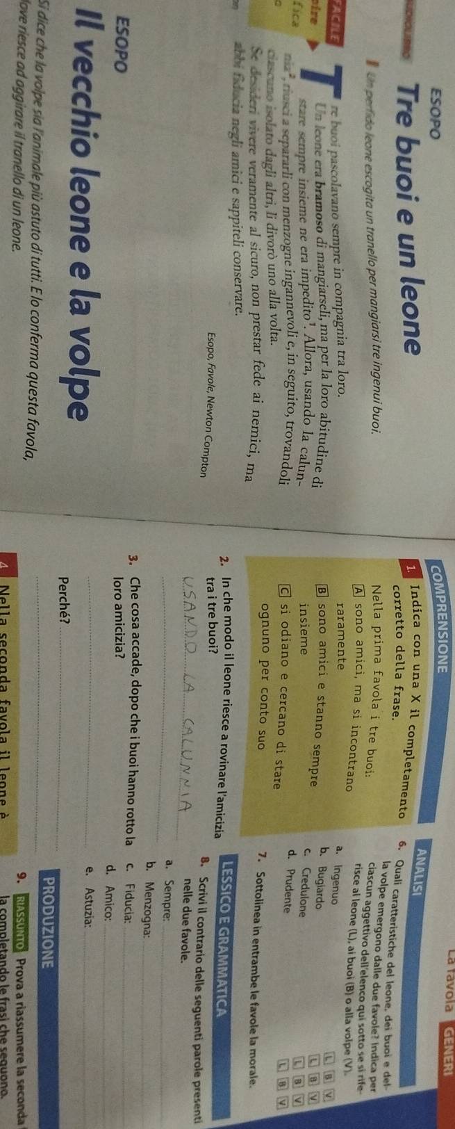 ESOPO
COMPRENSIONE
La tavoía GENERI
ANALISI
UDIOLREO Tre buoi e un leone corretto della frase.
Indica con una X il completamento 6. Quali caratteristiche del leone, dei buoi e del
la volpe emergono dalle due favole? Indica per
Un perfido leone escogita un tranello per mangiarsi tre ingenui buoi.
Nella prima favola i tre buoi: ciascun aggettivo dell'elenco qui sotto se sí rife
risce al leone (L), ai buoi (B) o alla volpe (V).
A sono amici, ma si incontrano a. Ingenuo
FACILE re buoi pascolavano sempre in compagnia tra loro. ra ramen te
Bv
b. Bugiardo
oire Un leone era bramoso di mangiarseli, ma per la loro abitudine di B sono amici e stanno sempre
u n v
stare sempre insieme ne era impedito¹. Allora, usando la calun- insieme
c. Credulone
L B M
fica nia²  riusci a separarli con menzogne ingannevoli e, in seguito, trovandoli
d. Prudente
C si odiano e cercano di stare
B v
ciascuno isolato dagli altri, li divorò uno alla volta. ognuno per conto suo
7. Sottolinea in entrambe le favole la morale.
Se desider vivere veramente al sicuro, non prestar fede ai nemici, ma
2 abbi fiducia negli amici e sappiteli conservare.
LESSICO E GRAMMATICA
2. In che modo il leone riesce a rovinare l’amicizia
tra i tre buoi?
8. Scrivi il contrario delle seguenti parole presenti
Esopo, Favole, Newton Compton _nelle due favole.
_a. Sempre:_
b. Menzogna:_
3. Che cosa accade, dopo che i buoi hanno rotto la c. Fiducia:
ESOPO loro amicizia? d. Amico:__
Il vecchio leone e la volpe_
e. Astuzia:_
Perché?_
PRODUZIONE
Si dice che la volpe sia l'animale più astuto di tutti. E lo conferma questa favola,_
love riesce ad aggirare il tranello di un leone. 9. RASSUNTo Prova a riassumere la seconda
Nella seconda favola il leone à  la completando le frasí che seguono.