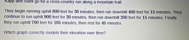 Rapp and Stark go for a cross-country run along a mountain trail. 
They begin running uphill 800 feet for 30 minutes, then run downhill 400 feet for 15 minutes. They 
continue to run uphill 900 feet for 30 minutes, then run downhill 200 feet for 15 minutes. Finally, 
they run uphill 700 feet for 105 minutes, then rest for 45 minutes. 
Which graph correctly models their elevation over time?