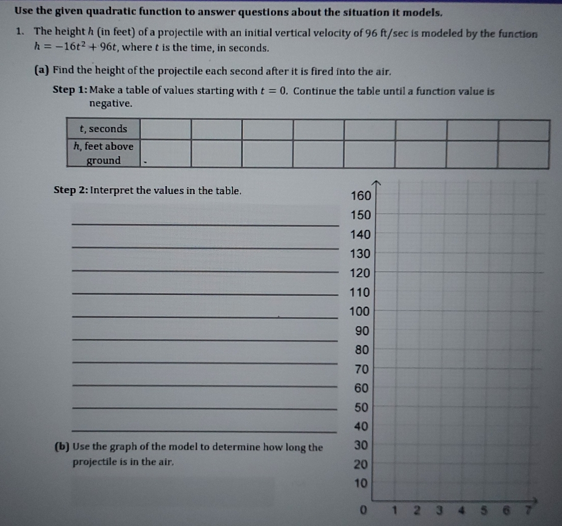 Use the given quadratic function to answer questions about the situation it models. 
1. The height h (in feet) of a projectile with an initial vertical velocity of 96 ft/sec is modeled by the function
h=-16t^2+96t , where t is the time, in seconds. 
(a) Find the height of the projectile each second after it is fired into the air. 
Step 1: Make a table of values starting with t=0. Continue the table until a function value is 
negative.
t, seconds
h, feet above 
ground 
Step 2: Interpret the values in the table. 
_ 
_ 
_ 
_ 
_ 
_ 
_ 
_ 
_ 
_ 
(b) Use the graph of the model to determine how long the 
projectile is in the air.
0 1 2 3 4 5 6 7