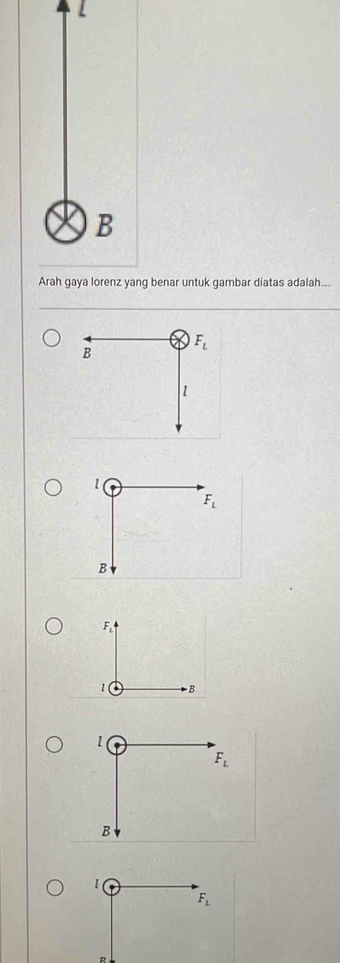 Arah gaya lorenz yang benar untuk gambar diatas adalah....
F_L
B
1