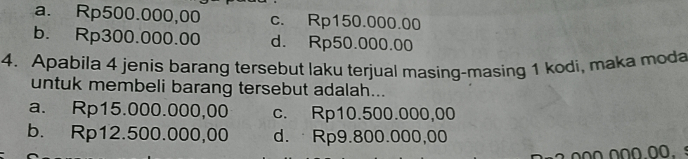 a. Rp500.000,00 c. Rp150.000.00
b. Rp300.000.00 d. Rp50.000.00
4. Apabila 4 jenis barang tersebut laku terjual masing-masing 1 kodi, maka moda
untuk membeli barang tersebut adalah...
a. Rp15.000.000,00 c. Rp10.500.000,00
b. Rp12.500.000,00 d. · Rp9.800.000,00