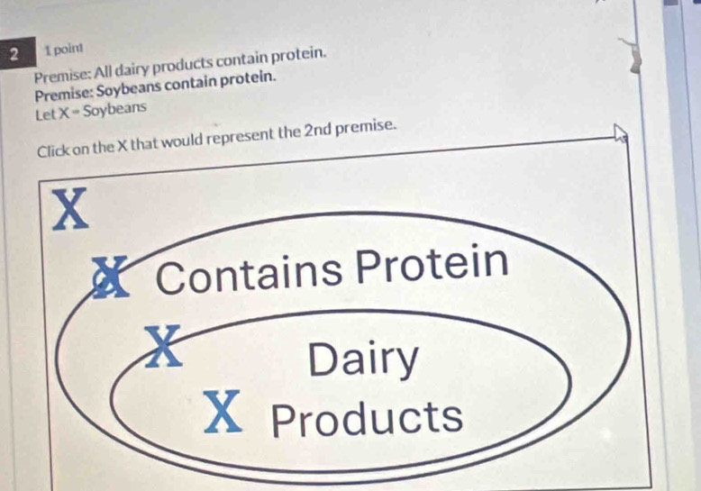 2 1 point 
Premise: All dairy products contain protein. 
Premise: Soybeans contain protein. 
Let X= Soybeans 
d represent the 2nd premise.