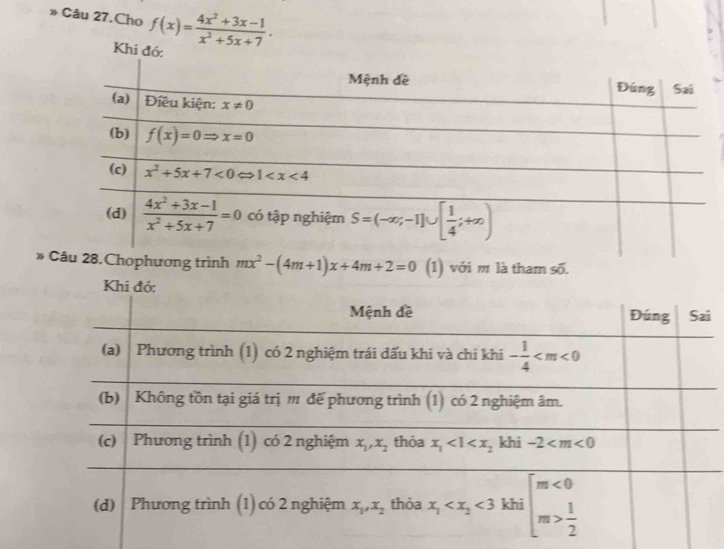 Câu 27.Cho f(x)= (4x^2+3x-1)/x^2+5x+7 .
Khi đ
* nh mx^2-(4m+1)x+4m+2=0 (1) với m là tham số.
i