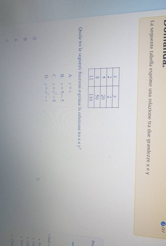 La seguente tabella esprime una relazione tra due grandezze x e y
Prc
Quale tra le seguenti funzioni esprime la relazione tra x e y?
A. y=x
_
B. y=5x-5
C. y=x^2-8 I tuoi c
D. y=x^2-x
N
D
Co
B
c
Scu
A
Ctth
C