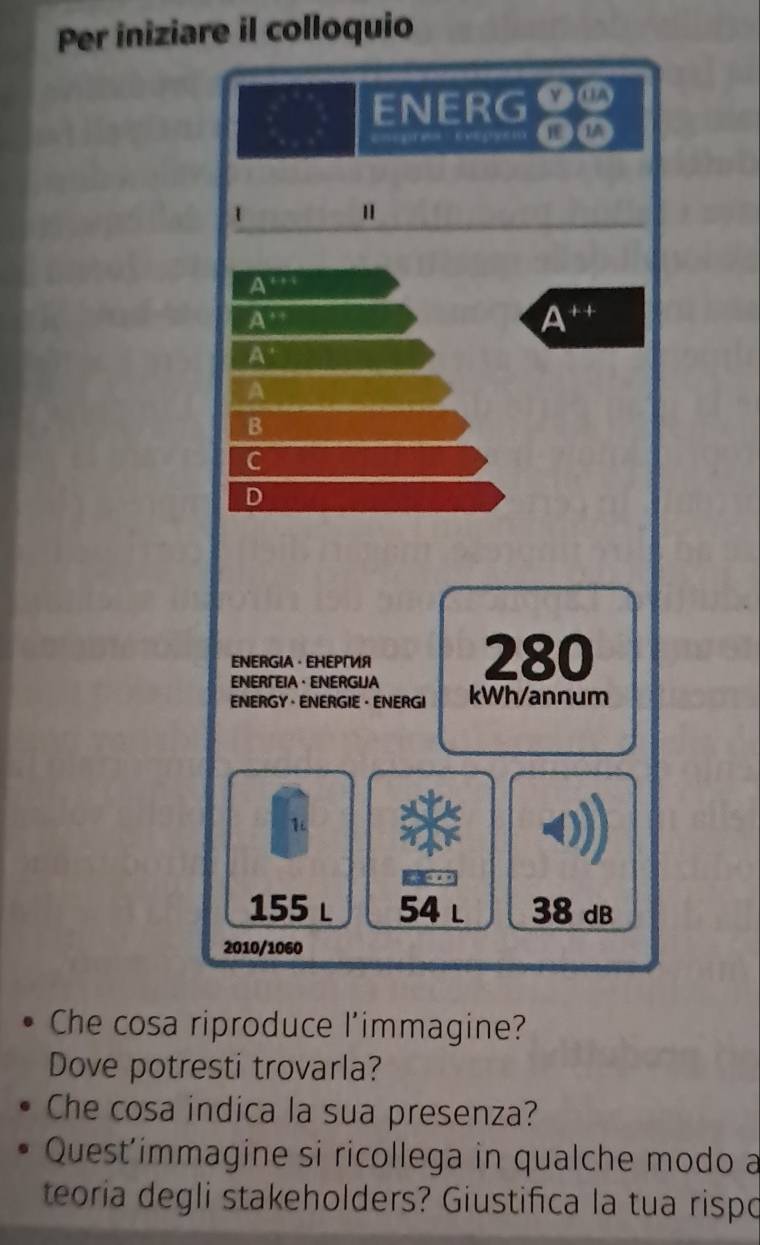 Per iniziare il colloquio
ENERG
===pre= eveçsem 1A
1
"
A^(++)
A^(++)
A^(++)
A°
A
B
C
D
ENERGIA · EHEPA 280
ENERFEIA · ENERGIJA
ENERGY · ENERGIE · ENERGI kWh/annum
155 l 54 l 38 dB
2010/1060
Che cosa riproduce l'immagine?
Dove potresti trovarla?
Che cosa indica la sua presenza?
Quest’immagine si ricollega in qualche modo a
teoria degli stakeholders? Giustifica la tua rispo