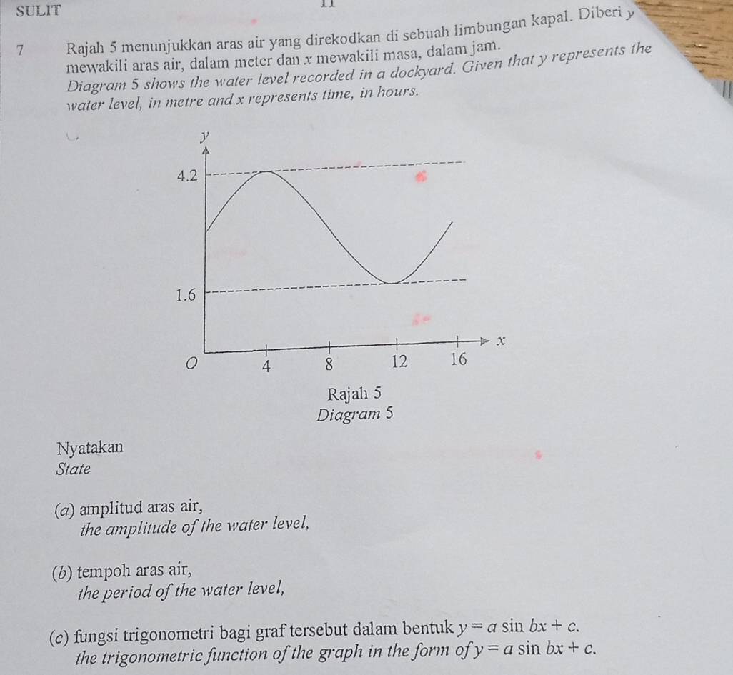 SULIT 11
7 Rajah 5 menunjukkan aras air yang direkodkan di sebuah limbungan kapal. Diberi y
mewakili aras air, dalam meter dan x mewakili masa, dalam jam.
Diagram 5 shows the water level recorded in a dockyard. Given that y represents the
water level, in metre and x represents time, in hours.
Nyatakan
State
(a) amplitud aras air,
the amplitude of the water level,
(b) tempoh aras air,
the period of the water level,
(c) fungsi trigonometri bagi graf tersebut dalam bentuk y=asin bx+c. 
the trigonometric function of the graph in the form of y=asin bx+c.