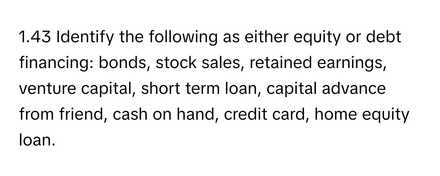 1.43 Identify the following as either equity or debt financing: bonds, stock sales, retained earnings, venture capital, short term loan, capital advance from friend, cash on hand, credit card, home equity loan.